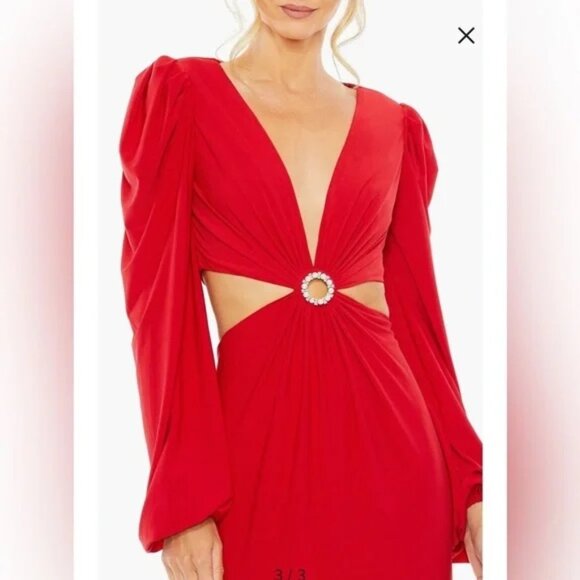 NWT | Mac Duggal 26727 Red Cut Outs Jersey Maxi Deep V Plunge Long Sleeve 12 - Picture 3 of 9